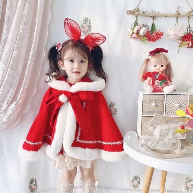 【橘魔法】蕾絲花邊小紅帽棉絨連帽斗篷(披風 披肩 刷毛 加厚 聖誕節 耶誕 大紅 新年 過年 女童 童裝 兒童)