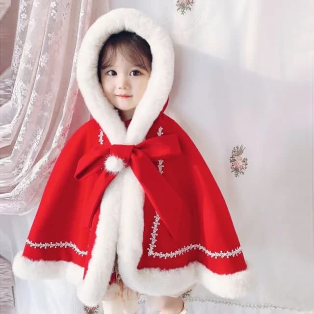 【橘魔法】蕾絲花邊小紅帽棉絨連帽斗篷(披風 披肩 刷毛 加厚 聖誕節 耶誕 大紅 新年 過年 女童 童裝 兒童)