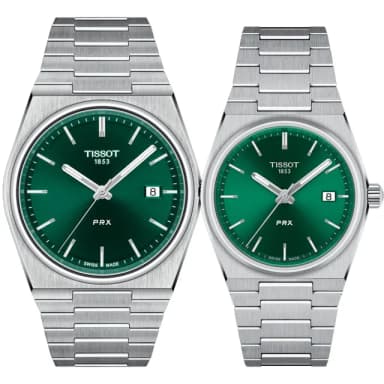 【TISSOT 天梭 官方授權】PRX 70年代復刻石英對錶 情侶手錶-綠 禮物 送禮(T1374101109100+T1372101108100)