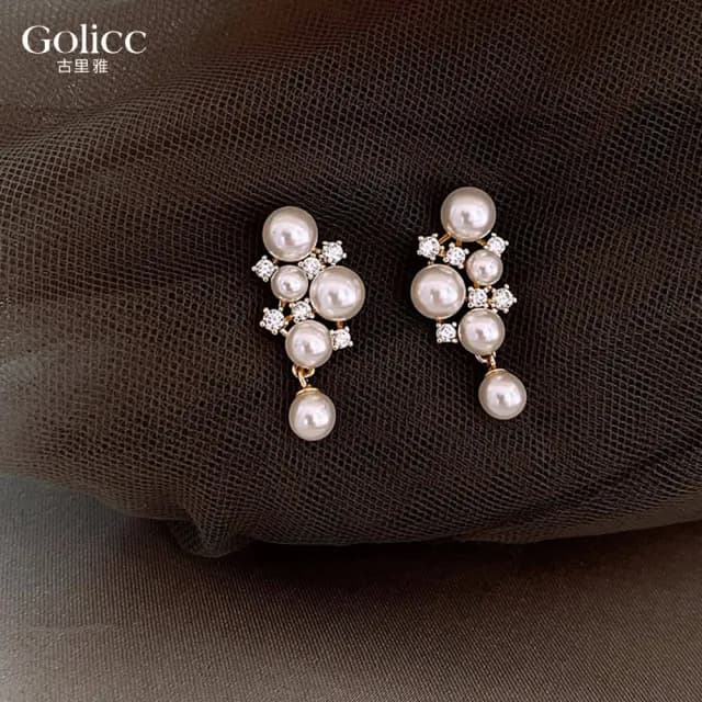 【Golicc】耳環 法式 復古 珍珠 鋯石(七夕 情人節 生日 飾品 耳釘 耳飾 耳墜 禮物)
