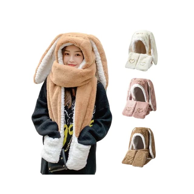 【匠心選品】三合一保暖茸毛兔兔圍巾帽(萌兔帽 大耳帽 加厚 加絨 保暖手套 加長圍巾 帽子圍巾手套三合一)