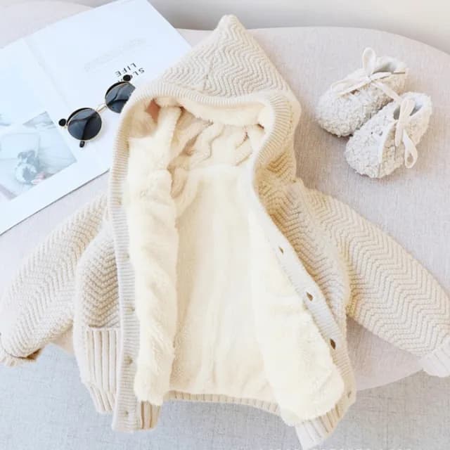 【橘魔法】編織毛線刷毛針織連帽外套(針織衫 開衫 外套 針織 外套 長袖 女童 男童 童裝 厚 刷毛 毛衣)