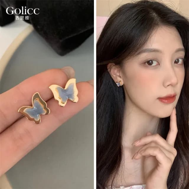 【Golicc】耳環 立體 藍色 蝴蝶(七夕 情人節 生日 飾品 耳釘 耳飾 耳墜 禮物)