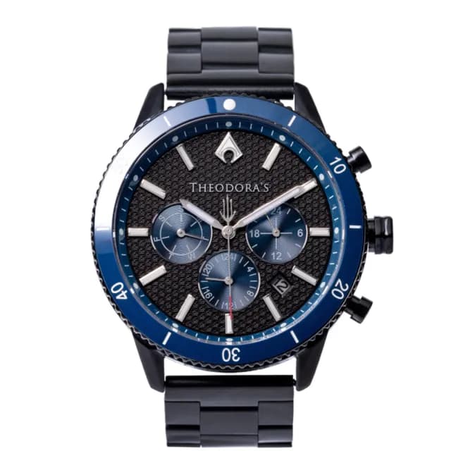 【THEODORA’S 希奧朵拉】(珍藏版)水行俠夜光潛水手錶藍黑蜂巢紋-鋼鍊帶黑(男款 真三眼計時 潛水錶)