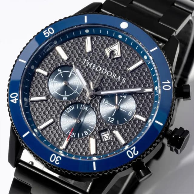 【THEODORA’S 希奧朵拉】(珍藏版)水行俠夜光潛水手錶藍黑蜂巢紋-鋼鍊帶黑(男款 真三眼計時 潛水錶)
