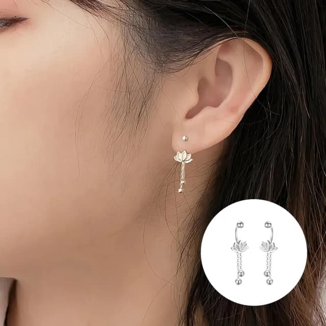 【A&R】s999純銀出淤泥而不染蓮花流蘇款轉珠耳環(抗過敏 鎖珠 螺絲耳扣 鎖式 情人節 生日禮物)