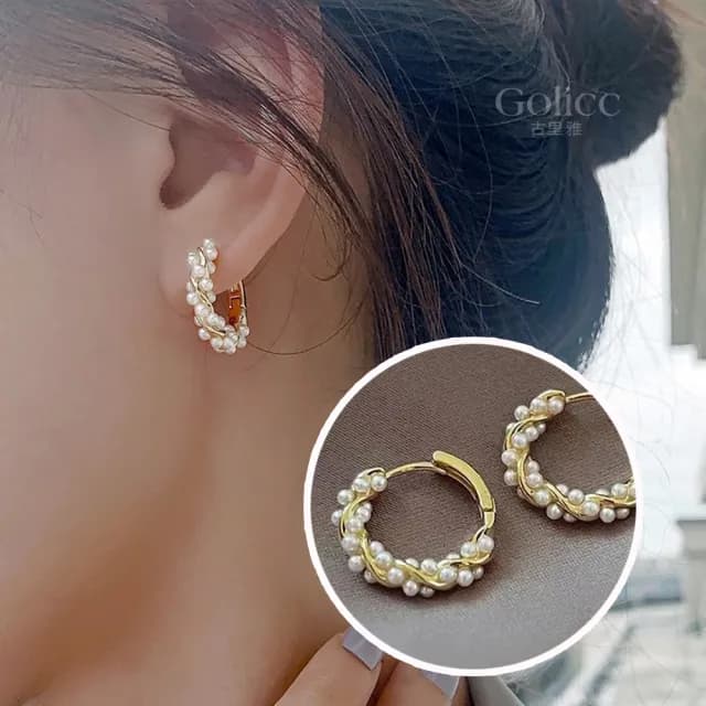 【Golicc】耳環 韓國 輕奢 纏繞 珍珠(雙11 聖誕節 生日 飾品 耳釘 耳飾 耳墜 禮物)