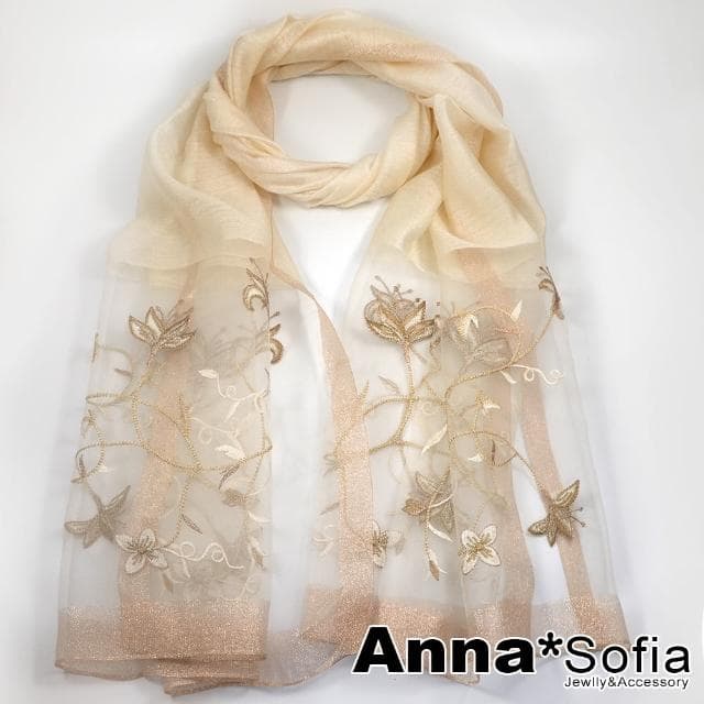 【AnnaSofia】真絲羊毛混紡大尺寸披肩絲巾圍巾-蒼蘭舞蕊 現貨(深杏系)