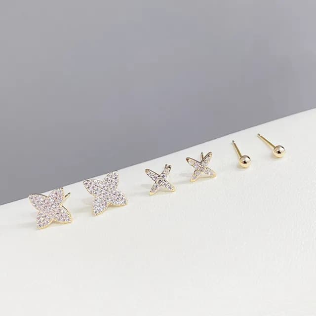 【Umi】一卡3對925純銀針微鑲鋯石星星星芒四芒星造型耳環(日韓時尚潮流耳飾耳針耳墜耳釘)