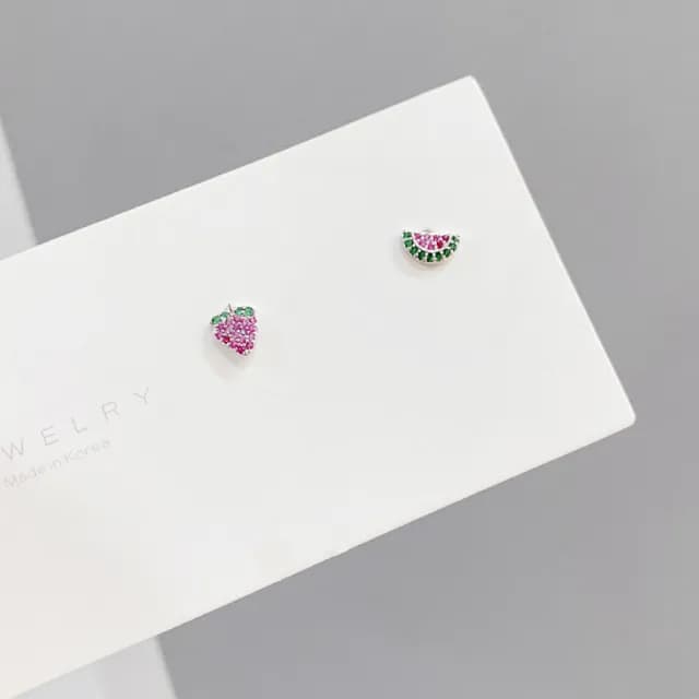 【Umi】一卡3對925純銀針微鑲彩色鋯石水果櫻桃西瓜草莓熱帶風情造型耳環(日韓時尚潮流耳飾耳針耳墜耳釘)