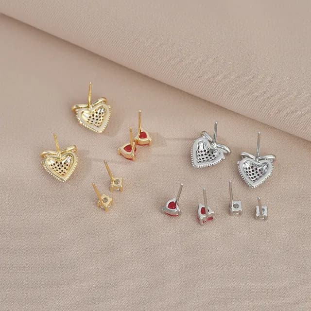 【Umi】一卡3對925純銀針微鑲鋯石粉紅蝴蝶結紅色愛心心形造型耳環(日韓時尚潮流耳飾耳針耳墜耳釘)