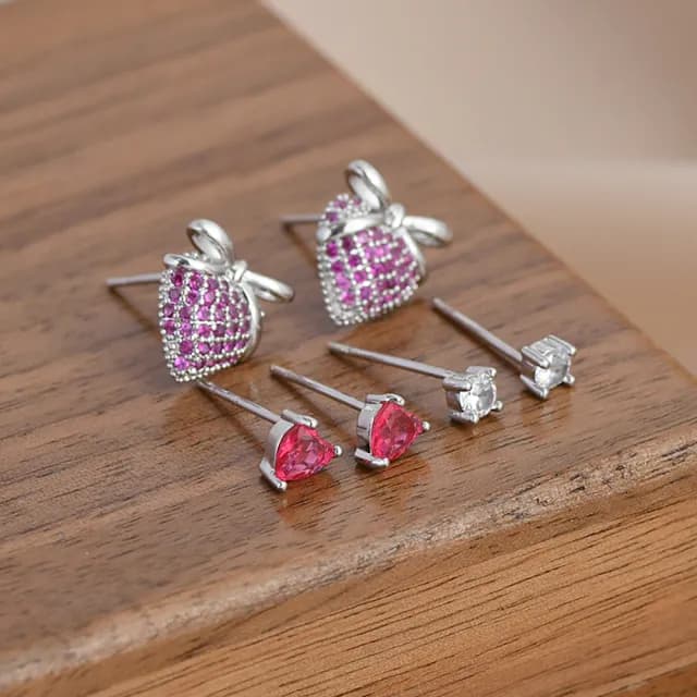 【Umi】一卡3對925純銀針微鑲鋯石粉紅蝴蝶結紅色愛心心形造型耳環(日韓時尚潮流耳飾耳針耳墜耳釘)