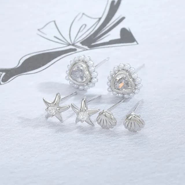 【Umi】一卡3對925純銀針微鑲鋯石巴洛克珍珠貝殼海星單鑽愛心心形造型耳環(日韓時尚潮流耳飾耳針耳墜耳釘)