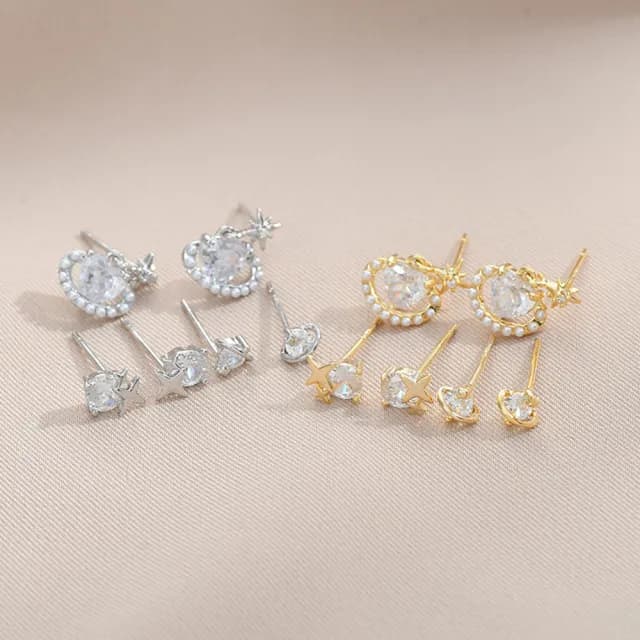 【Umi】一卡3對925純銀針微鑲鋯石星星星球星芒造型耳環(日韓時尚潮流耳飾耳針耳墜耳釘)