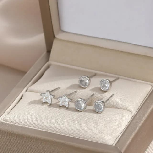 【Umi】一卡3對925純銀針微鑲鋯石星星星芒圓形單鑽造型耳環(日韓時尚潮流耳飾耳針耳墜耳釘)