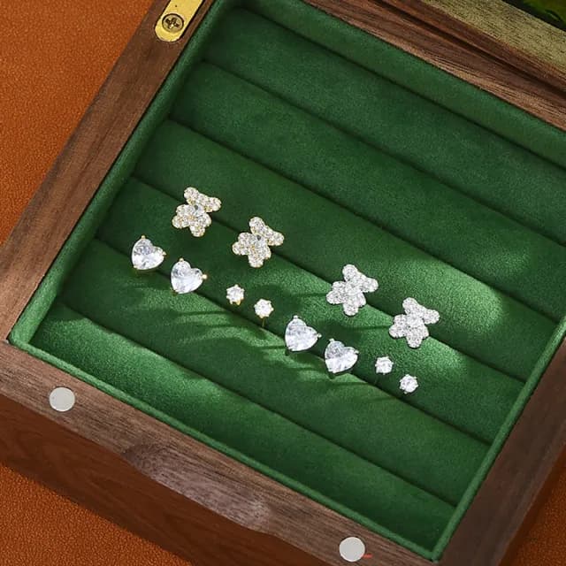 【Umi】一卡3對925純銀針微鑲鋯石可愛小熊愛心心形圓形單鑽造型耳環(日韓時尚潮流耳飾耳針耳墜耳釘)