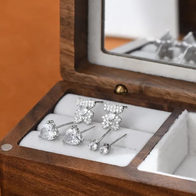 【Umi】一卡3對925純銀針微鑲鋯石可愛小熊愛心心形圓形單鑽造型耳環(日韓時尚潮流耳飾耳針耳墜耳釘)