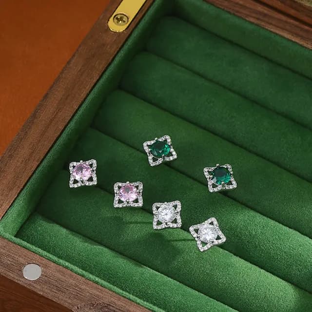 【Umi】一卡3對925純銀針微鑲粉紅綠彩色鋯石四芒星圓形單鑽造型耳環(日韓時尚潮流耳飾耳針耳墜)