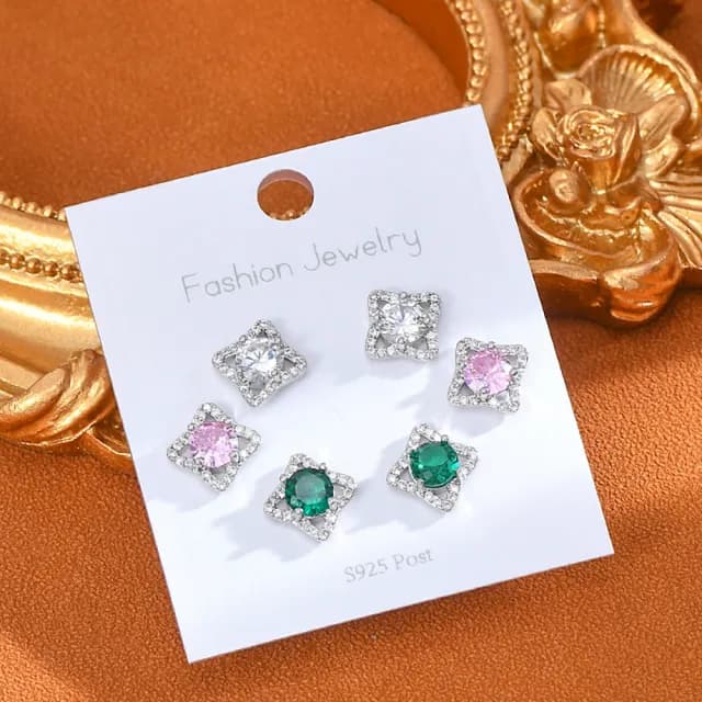 【Umi】一卡3對925純銀針微鑲粉紅綠彩色鋯石四芒星圓形單鑽造型耳環(日韓時尚潮流耳飾耳針耳墜)