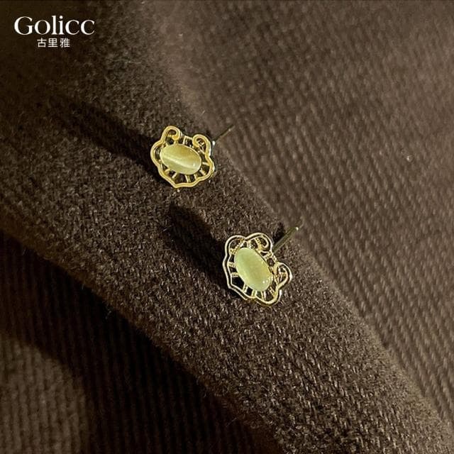 【Golicc】耳環 小巧 如意鎖 貓眼石(母親節 生日 情人節 飾品 耳釘 耳飾 耳墜 禮物)