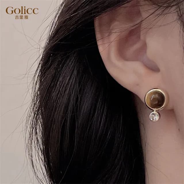 【Golicc】耳環 法式 美拉德 幾何 鑲鑽(七夕 情人節 生日 飾品 耳釘 耳飾 耳墜 禮物)