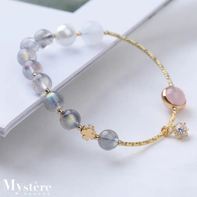 【my stere 我的時尚秘境】情人節禮物 現貨-天然灰月光石粉晶幸運草珠鑽手環(月光石 粉晶 旺人緣 招財氣)