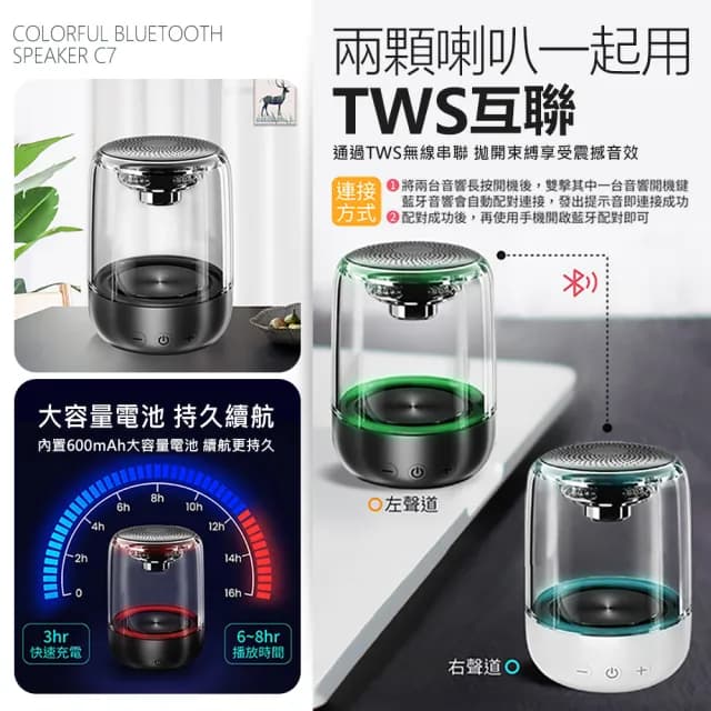 TWS雙串聯 炫彩藍芽音響 C7 藍牙喇叭(同色可串聯左右聲道 小巨砲)