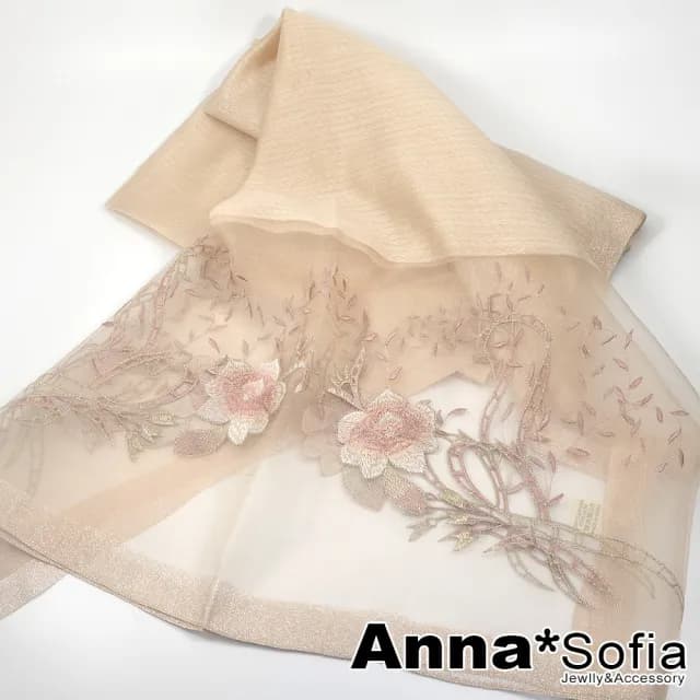【AnnaSofia】真絲羊毛混紡大尺寸披肩絲巾圍巾-富貴繡花 現貨(杏駝系)