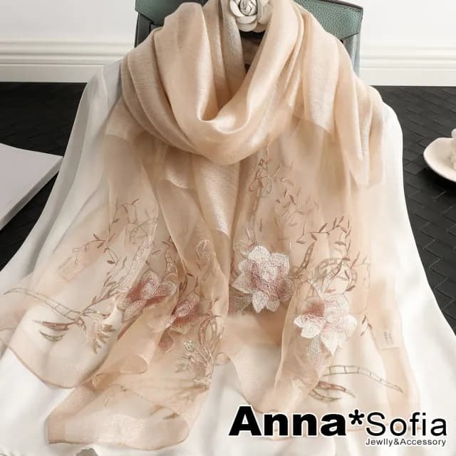 【AnnaSofia】真絲羊毛混紡大尺寸披肩絲巾圍巾-富貴繡花 現貨(杏駝系)