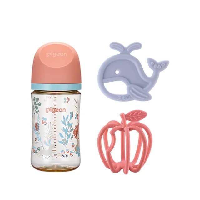 【Pigeon 貝親】第三代母乳實感PPSU奶瓶240ml+Richell 3D固齒器隨機+矽膠固齒器隨機(不含雙酚A)