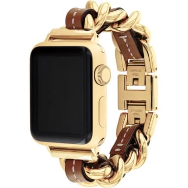 【COACH】Apple Watch 錶帶 38/41mm 適用 鍊帶結合皮錶帶 - 金x咖 母親節 送禮 禮物(不含手錶)