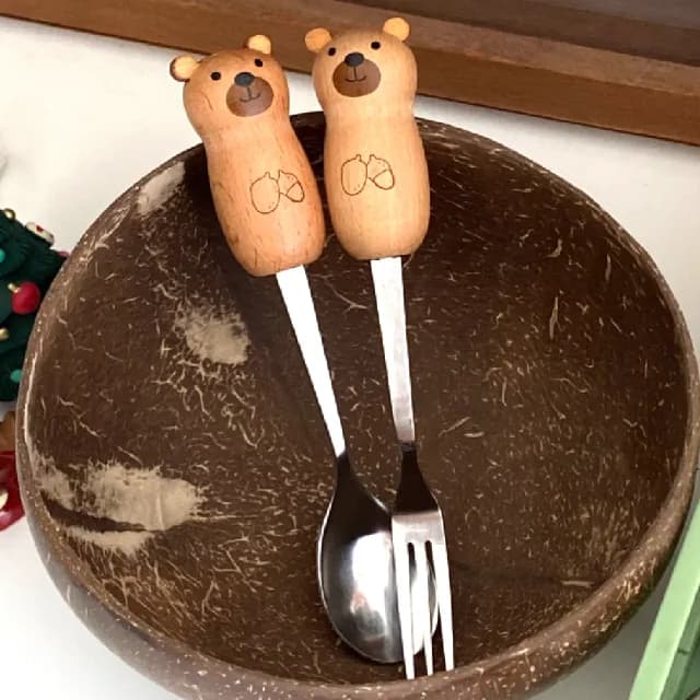 【隨身用】ins可愛小熊木柄點心湯匙叉子(環保餐具 不鏽鋼 好清洗 甜點匙 水果叉 便攜 外出 旅行 露營)