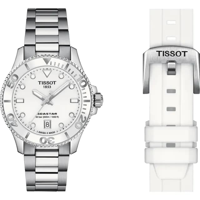 【TISSOT 天梭 官方授權】Seastar 1000 海洋之星300米潛水女錶 搭贈白色矽膠帶 送禮 推薦(T1202101101100)