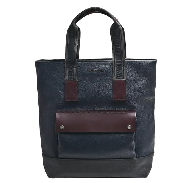 【Salvatore Ferragamo】經典品牌LOGO撞色拼接手提包(深藍色XE0558-BLUE)