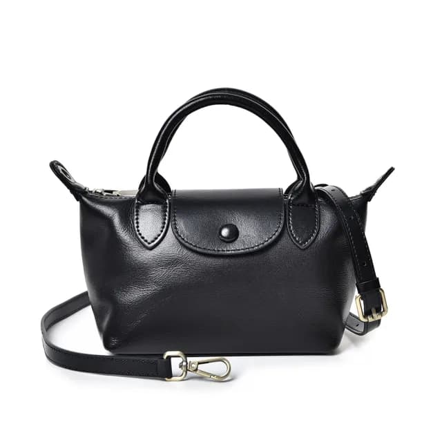 【MIYUNA 米友娜】母親節禮物 植鞣牛皮Nira精緻小巧水餃手機包斜背包(經典黑)