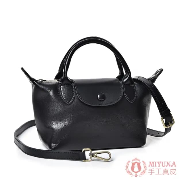 【MIYUNA 米友娜】母親節禮物 植鞣牛皮Nira精緻小巧水餃手機包斜背包(經典黑)