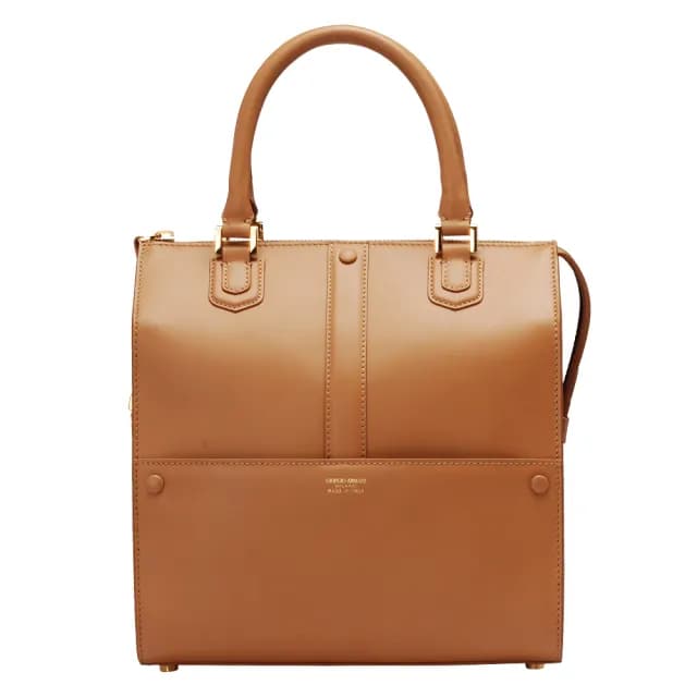 【Giorgio Armani 亞曼尼】BORGONUOVO系列小牛皮拉鍊壓釦手提保齡球包(小-棕YGWM50-YG582-80016)