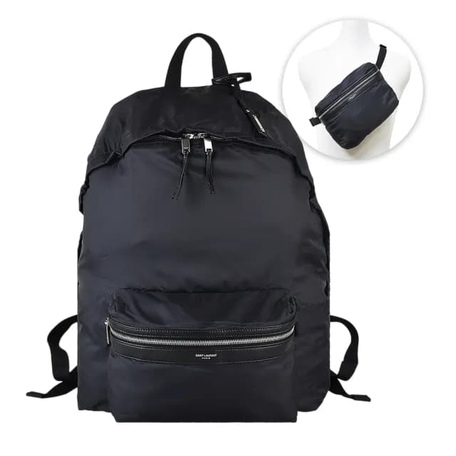 【YSL】YSL SAINT LAURENT FOLDABLE  BACKPACK經典燙銀LOGO尼龍拉鍊後背胸口包(黑)