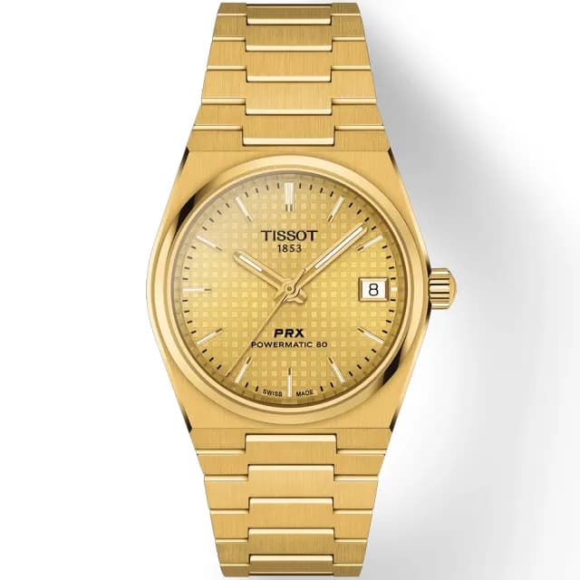 【TISSOT 天梭】PRX系列 70年代復刻機械錶-金/35mm 禮物 送禮 推薦(T1372073302100)