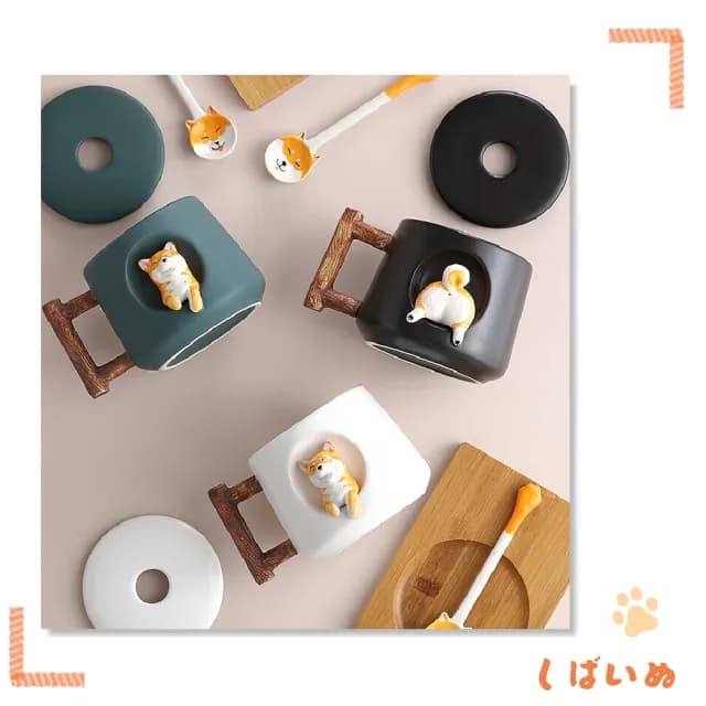 【可愛柴柴】柴犬造型馬克杯-附蓋勺(狗狗 木柄 療癒 陶瓷杯 茶水杯 咖啡杯 牛奶杯 辦公室 交換禮物)