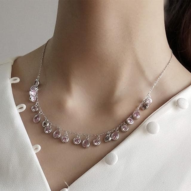【MoonDy】母親節禮物 歐美飾品 純銀項鍊 水滴項鍊 鋯石項鍊 女生項鍊 長項鍊 粉色鋯石項鍊 鑽石項鍊 晚宴