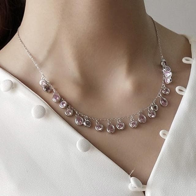 【MoonDy】母親節禮物 歐美飾品 純銀項鍊 水滴項鍊 鋯石項鍊 女生項鍊 長項鍊 粉色鋯石項鍊 鑽石項鍊 晚宴