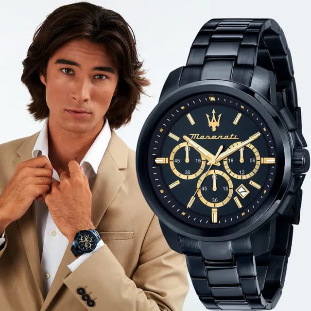 【MASERATI 瑪莎拉蒂】Successo 綻藍三眼計時手錶-40mm 禮物 送禮 推薦(R8873621040)