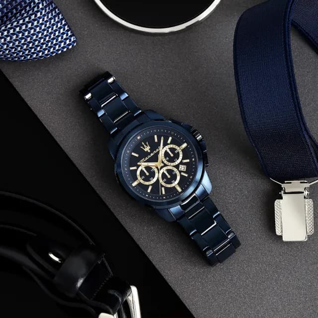 【MASERATI 瑪莎拉蒂】Successo 綻藍三眼計時手錶-40mm 禮物 送禮 推薦(R8873621040)