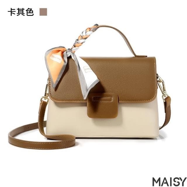 【MAISY】母親節禮物 質感精美撞色絲巾百搭單肩手提包(棕色／卡其色／米色／黑色)