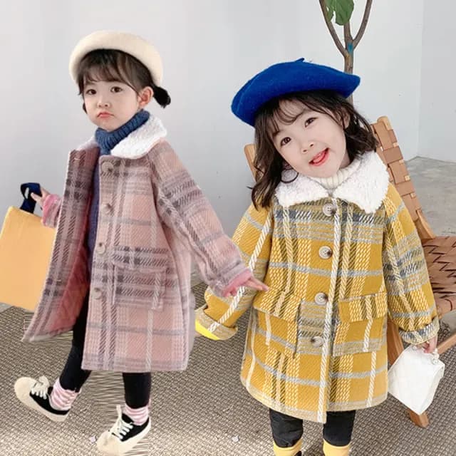 【橘魔法】繽紛獨特格子交叉線條長袖大衣外套(女童 厚外套 大衣 中童 外套 童裝 兒童 保暖)