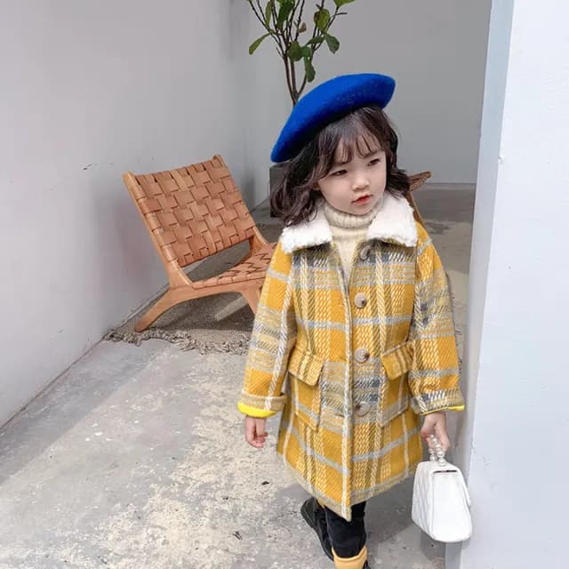 【橘魔法】繽紛獨特格子交叉線條長袖大衣外套(女童 厚外套 大衣 中童 外套 童裝 兒童 保暖)