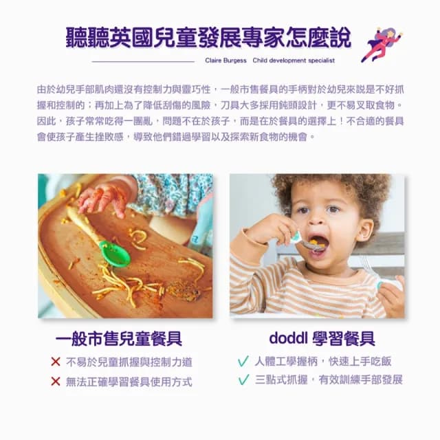 【Doddl】英國人體工學秒拾餐具 - 兒童學習餐具 兩件組 學習餐具 叉匙組(3色可選含湯匙、叉子)