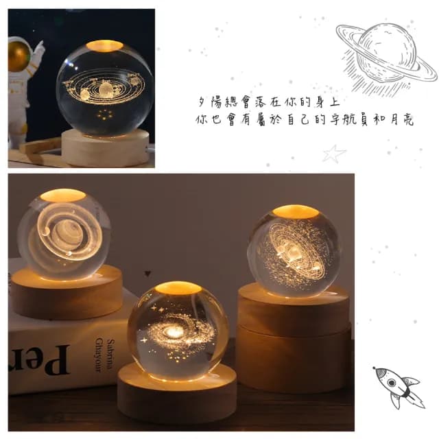 【送禮首選】3D木質發光底座太陽系水晶球(USB氣氛燈 星空燈 電競氣氛燈 led小夜燈 紀念 居家擺飾 生日禮物)