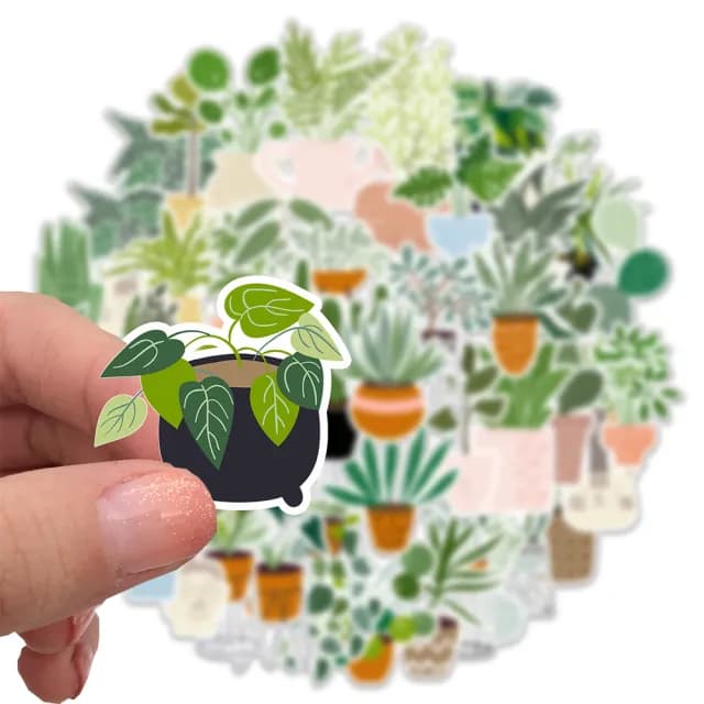 【Paper Play】創意多用途防水貼紙-植物盆栽塗鴉 44枚入(防水貼紙 行李箱貼紙 手機貼紙 水壺貼紙)